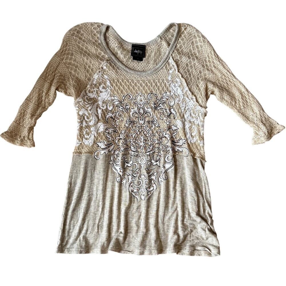 Beige Knit and Flowy Fleur de Lis Rhinestone Detail Top Women's Size XS